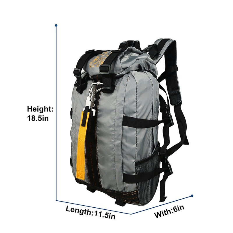 Tactical travel rucksack in grey with yellow accents, 18.5in tall, 11.5in long, 6in width, ideal for hiking and camping, model SF0451.